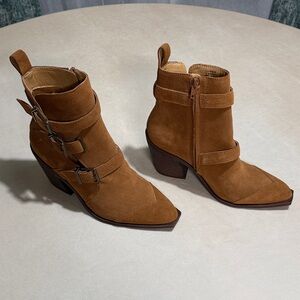 EUC Crown Vintage Cognac Suede Buckle Ankle Boots